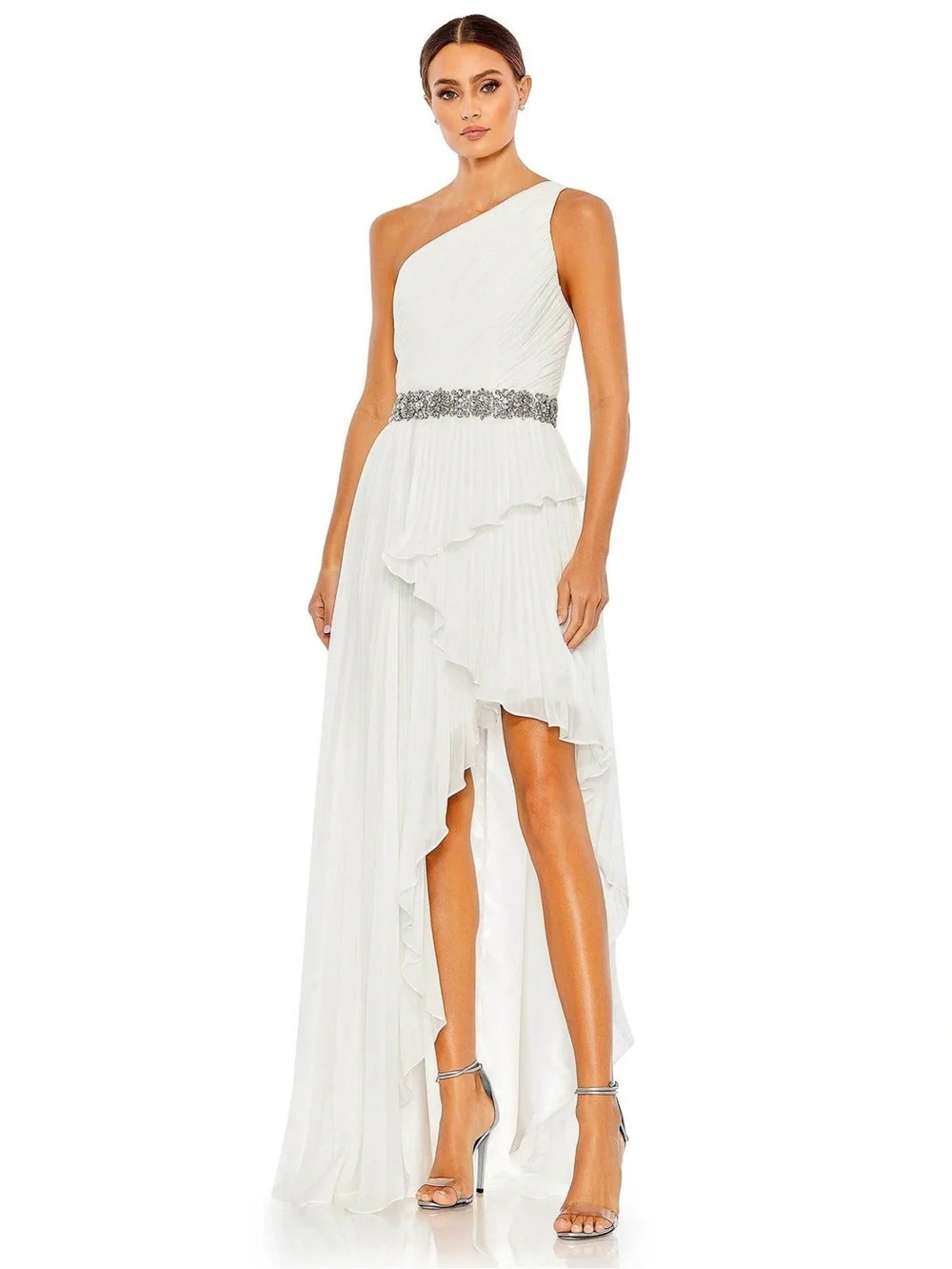 One-Shoulder White High-Low Ruffle Dress with Embellished Waist